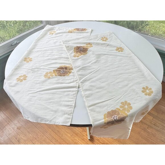 Vintage 70s cream curtains, large brown, tan daisy flowers, rod header, pair - Picture 1 of 10